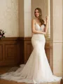 Trumpet/Mermaid Tulle Lace V-neck Sleeveless Cathedral Train Wedding Dresses