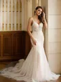 Trumpet/Mermaid Tulle Lace V-neck Sleeveless Cathedral Train Wedding Dresses