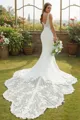 Sheath/Column Stretch Crepe Lace V-neck Sleeveless Cathedral Train Wedding Dresses