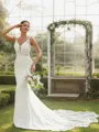 Sheath/Column Stretch Crepe Lace V-neck Sleeveless Cathedral Train Wedding Dresses
