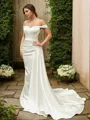 Sheath/Column Charmeuse Ruched Off-the-Shoulder Sleeveless Court Train Wedding Dresses