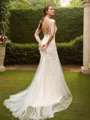 Sheath/Column Tulle Lace Scoop Sleeveless Court Train Wedding Dresses