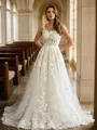 A-Line/Princess Tulle Applique Straps Sleeveless Court Train Wedding Dresses
