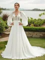 A-Line/Princess Chiffon Applique Scoop Long Sleeves Chapel Train Wedding Dresses