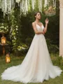 A-Line/Princess Tulle Applique V-neck Sleeveless Court Train Wedding Dresses
