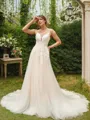 A-Line/Princess Tulle Applique V-neck Sleeveless Court Train Wedding Dresses