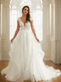 A-Line/Princess Organza Lace V-neck Short Sleeves Court Train Wedding Dresses