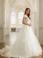 A-Line/Princess Organza Lace V-neck Short Sleeves Court Train Wedding Dresses