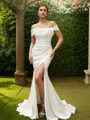 Sheath/Column Stretch Crepe Ruched Off-the-Shoulder Sleeveless Sweep Train Wedding Dresses