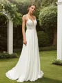 A-Line/Princess Chiffon Lace V-neck Sleeveless Sweep Train Wedding Dresses