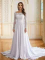 A-Line/Princess Satin Chiffon Lace Off-the-Shoulder Long Sleeves Cathedral Train Wedding Dresses
