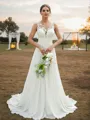 A-Line/Princess Chiffon Lace Scoop Sleeveless Sweep Train Wedding Dresses