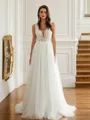 A-Line/Princess Tulle Applique V-neck Sleeveless Sweep Train Wedding Dresses