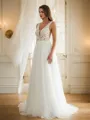 A-Line/Princess Tulle Applique V-neck Sleeveless Sweep Train Wedding Dresses