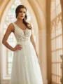 A-Line/Princess Tulle Applique V-neck Sleeveless Sweep Train Wedding Dresses