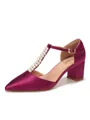 Women's Satin Closed Toe With Pearl Chunky Heel Wedding Shoes
