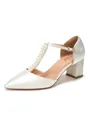 Women's Satin Closed Toe With Pearl Chunky Heel Wedding Shoes
