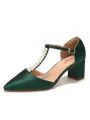 Women's Satin Closed Toe With Pearl Chunky Heel Wedding Shoes