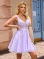 A-line V-neck Appliques Lace Short/Mini Tulle Corset Homecoming Dress