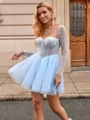 A-line Square Long Sleeves Beading Short/Mini Tulle Corset Homecoming Dress