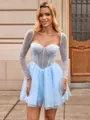 A-line Square Long Sleeves Beading Short/Mini Tulle Corset Homecoming Dress