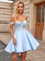 A-line Off-the-Shoulder Appliques Lace Short/Mini Satin Homecoming Dress