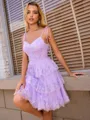 A-line V-neck Appliques Lace Short/Mini Tulle Homecoming Dress