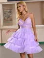 A-line V-neck Cascading Ruffles Short/Mini Tulle Homecoming Dress