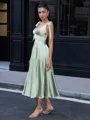 A-line V-neck Bow Tea-Length Silk Like Satin Homecoming Dress