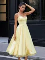 A-line Spaghetti Straps Tea-Length Silk Like Satin Corset Homecoming Dress