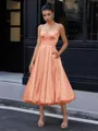 A-line Spaghetti Straps Tea-Length Silk Like Satin Corset Homecoming Dress