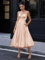 A-line Spaghetti Straps Tea-Length Silk Like Satin Corset Homecoming Dress