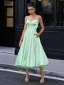 A-line Spaghetti Straps Tea-Length Silk Like Satin Corset Homecoming Dress