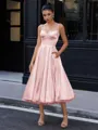 A-line Spaghetti Straps Tea-Length Silk Like Satin Corset Homecoming Dress