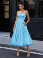 A-line Spaghetti Straps Tea-Length Silk Like Satin Corset Homecoming Dress