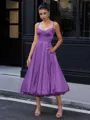 A-line Spaghetti Straps Tea-Length Silk Like Satin Corset Homecoming Dress