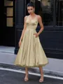 A-line Spaghetti Straps Tea-Length Silk Like Satin Corset Homecoming Dress