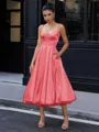 A-line Spaghetti Straps Tea-Length Silk Like Satin Corset Homecoming Dress