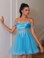 A-line Off-the-Shoulder Appliques Lace Short/Mini Tulle Corset Homecoming Dress