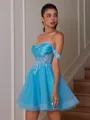 A-line Off-the-Shoulder Appliques Lace Short/Mini Tulle Corset Homecoming Dress