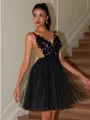 A-line V-neck Appliques Lace Short/Mini Tulle Corset Homecoming Dress