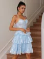 A-line Spaghetti Straps Appliques Lace Short/Mini Tulle Corset Homecoming Dress