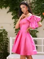 A-line Off-the-Shoulder Bow Short/Mini Silk Like Satin Corset Homecoming Dress