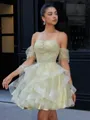 Ball-Gown Off-the-Shoulder Short Sleeves Beading Short/Mini Tulle Corset Homecoming Dress