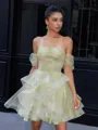 Ball-Gown Off-the-Shoulder Short Sleeves Beading Short/Mini Tulle Corset Homecoming Dress