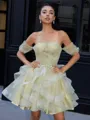 Ball-Gown Off-the-Shoulder Short Sleeves Beading Short/Mini Tulle Corset Homecoming Dress