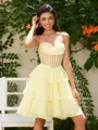 A-line Sweetheart Cascading Ruffles Short/Mini Chiffon Corset Homecoming Dress
