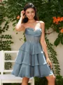 A-line Sweetheart Cascading Ruffles Short/Mini Chiffon Corset Homecoming Dress