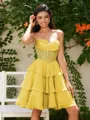 A-line Sweetheart Cascading Ruffles Short/Mini Chiffon Corset Homecoming Dress
