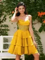 A-line Sweetheart Cascading Ruffles Short/Mini Chiffon Corset Homecoming Dress